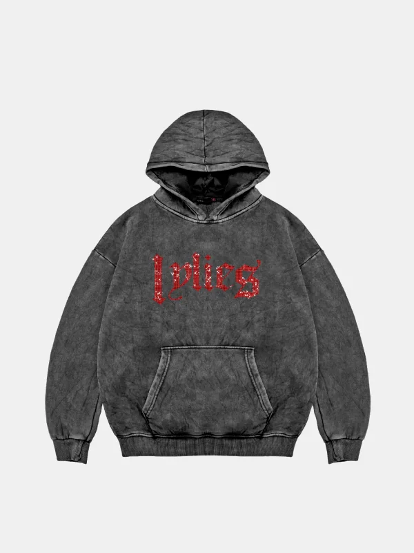 Lylies Kırmızı Taş Baskılı Oversize Unisex Yıkamalı Siyah Hoodie