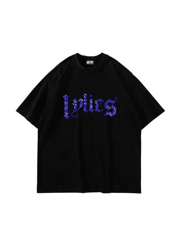 Lylies Mavi Taş Baskılı Oversize Unisex Siyah Tshirt