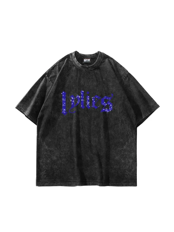 Lylies Mavi Taş Baskılı Oversize Unisex Yıkamalı Siyah Tshirt