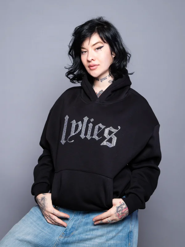 Lylies Taş Baskılı Oversize Unisex Siyah Hoodie