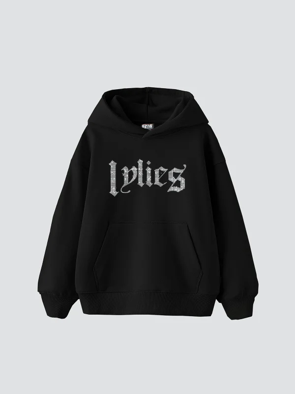 Lylies Taş Baskılı Oversize Unisex Siyah Hoodie