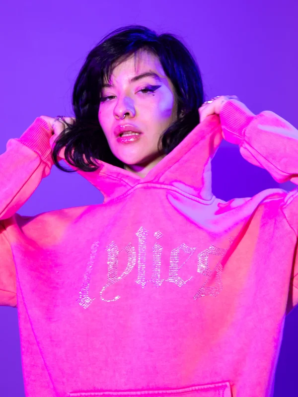 Lylies Taş Baskılı Oversize Unisex Yıkamalı Pembe Hoodie