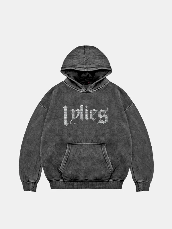 Lylies Taş Baskılı Oversize Unisex Yıkamalı Siyah Hoodie