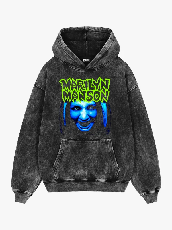 M. Manson Baskılı Vintage Yıkamalı Siyah Oversize Hoodie