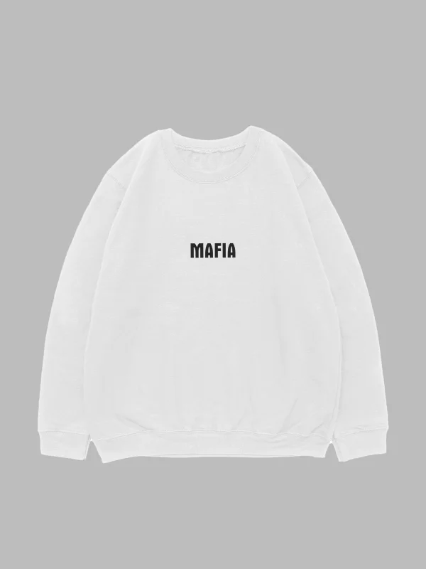 Mafia Sırt Baskılı Kapüşonsuz Oversize Unisex Beyaz Sweatshirt