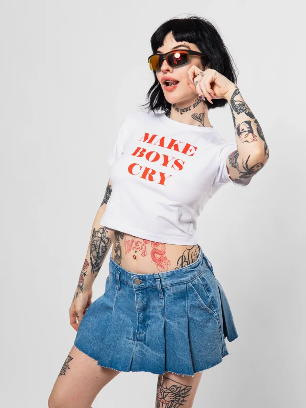 Make Boys Cry Baskılı Beyaz Crop Top