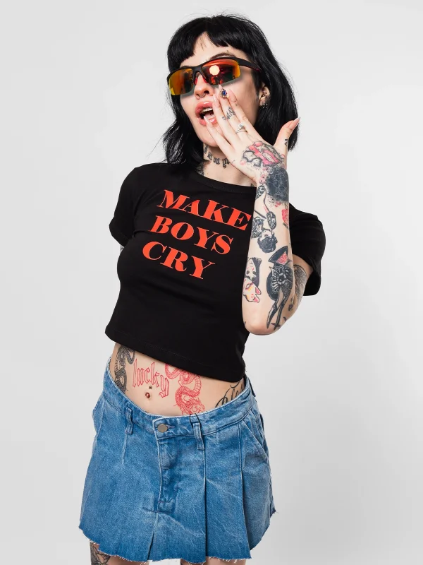 Make Boys Cry Baskılı Siyah Crop Top