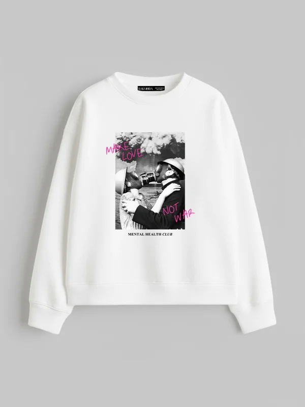 Make Love Not War Baskılı Kapüşonsuz Relaxed Fit Kadın Beyaz Sweatshirt