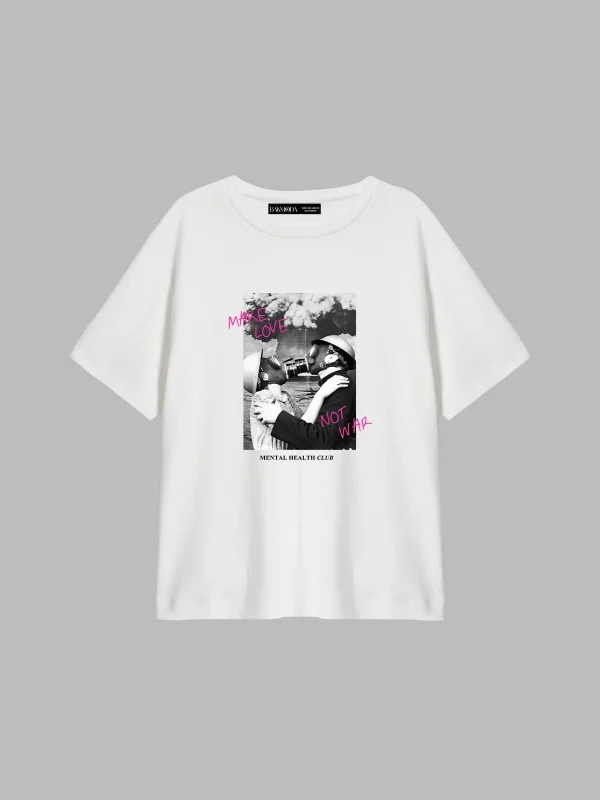 Make Love Not War Baskılı Relaxed Fit Beyaz Kadın Tshirt