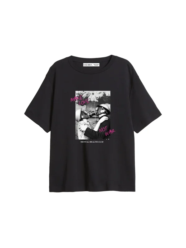 Make Love Not War Baskılı Relaxed Fit Siyah Kadın Tshirt