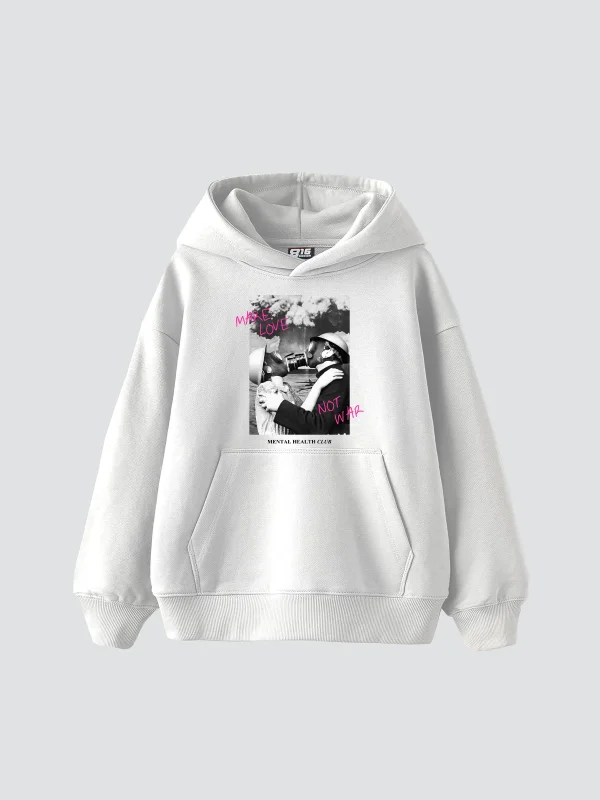 Make Love Not War Vintage Baskılı Oversize Unisex Beyaz Hoodie