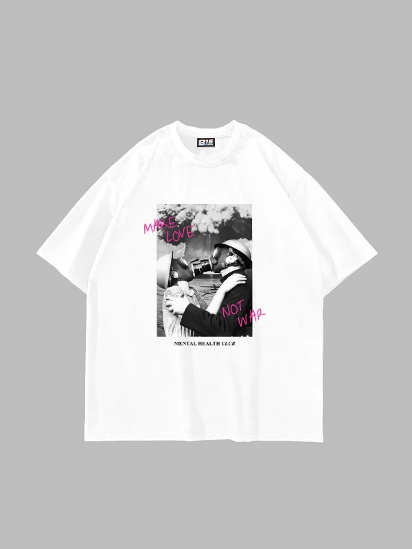 Make Love Not War Vintage Baskılı Oversize Unisex Beyaz Tshirt
