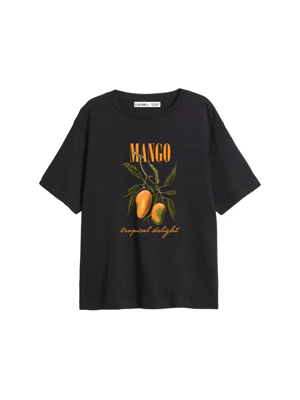 Mango Tropical Delight Baskılı Relaxed Fit Siyah Kadın Tshirt