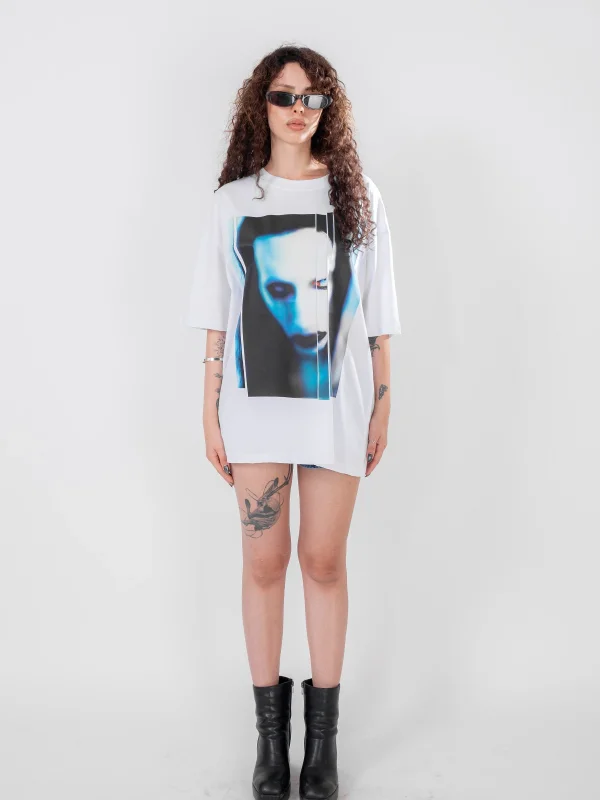 Marilyn Manson Baskılı Beyaz Oversize Tshirt