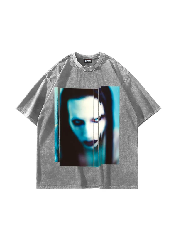 Marilyn Manson Baskılı Yıkamalı Beyaz Oversize Tshirt