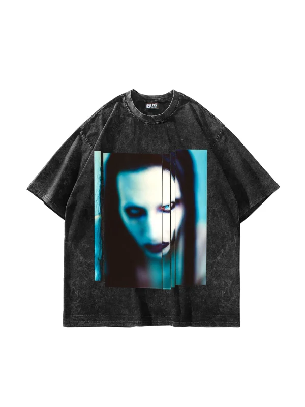 Marilyn Manson Baskılı Yıkamalı Siyah Oversize Tshirt