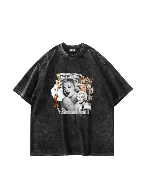 Marilyn Monroe Baskılı Oversize Unisex Yıkamalı Siyah Tshirt