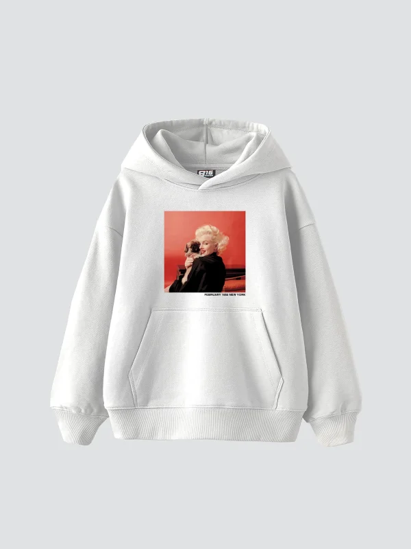 Marilyn Monroe & Dog Baskılı Oversize Unisex Beyaz Hoodie