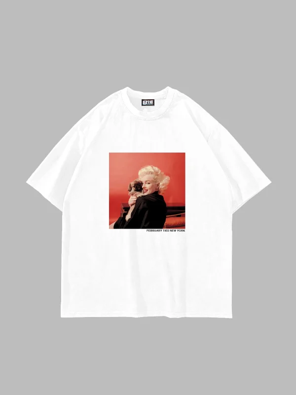 Marilyn Monroe & Dog Baskılı Oversize Unisex Beyaz Tshirt