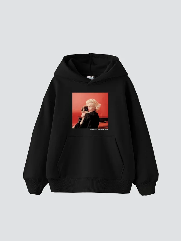Marilyn Monroe & Dog Baskılı Oversize Unisex Siyah Hoodie