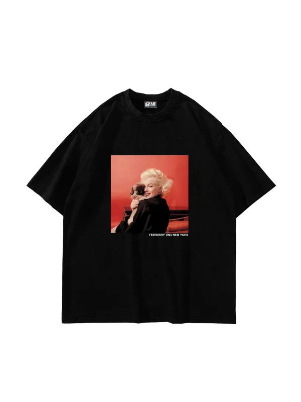 Marilyn Monroe & Dog Baskılı Oversize Unisex Siyah Tshirt