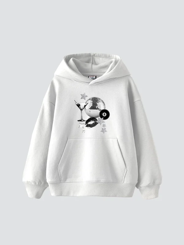 Martini Disco Baskılı Oversize Unisex Beyaz Hoodie