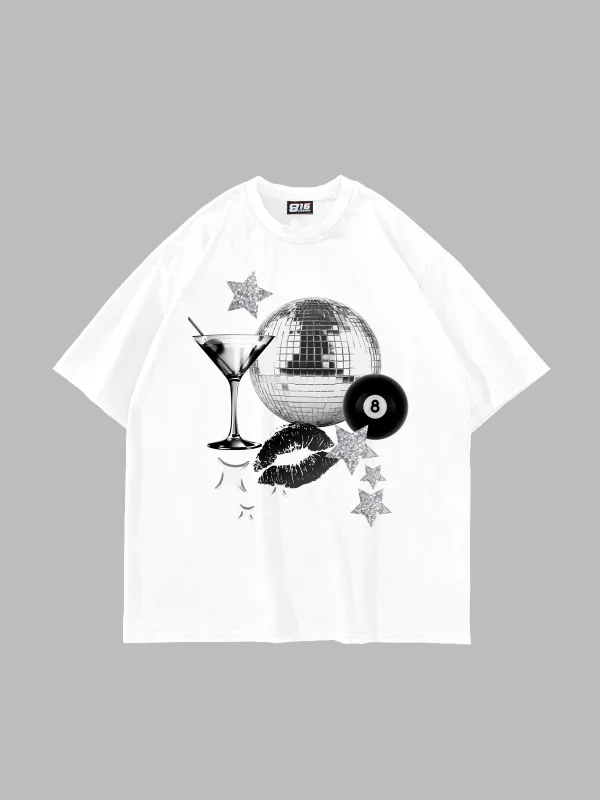 Martini Disco Baskılı Oversize Unisex Beyaz Tshirt