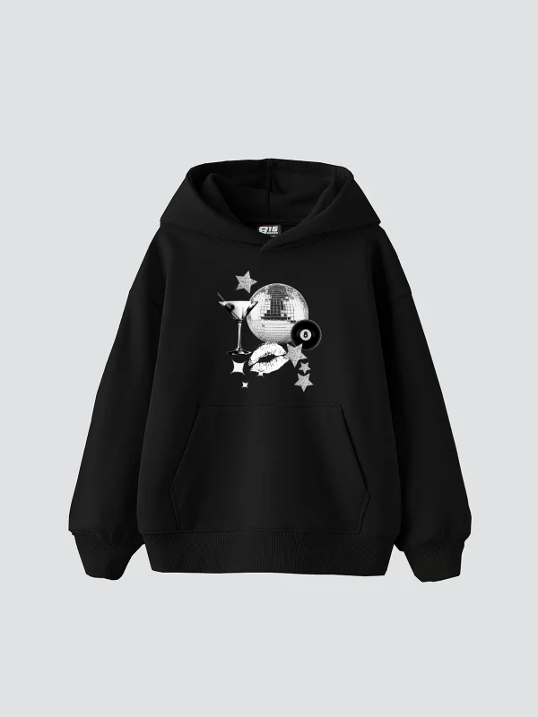 Martini Disco Baskılı Oversize Unisex Siyah Hoodie
