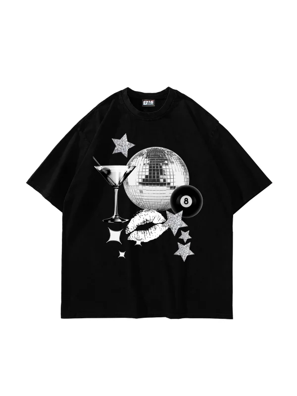 Martini Disco Baskılı Oversize Unisex Siyah Tshirt