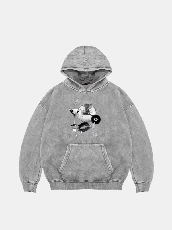 Martini Disco Baskılı Oversize Unisex Yıkamalı Beyaz Hoodie