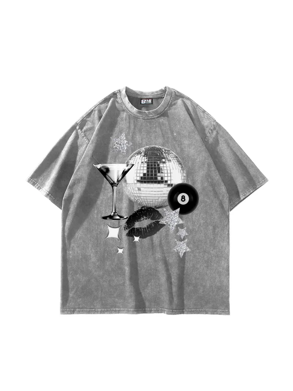 Martini Disco Baskılı Oversize Unisex Yıkamalı Beyaz Tshirt