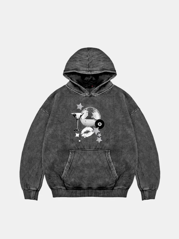 Martini Disco Baskılı Oversize Unisex Yıkamalı Siyah Hoodie