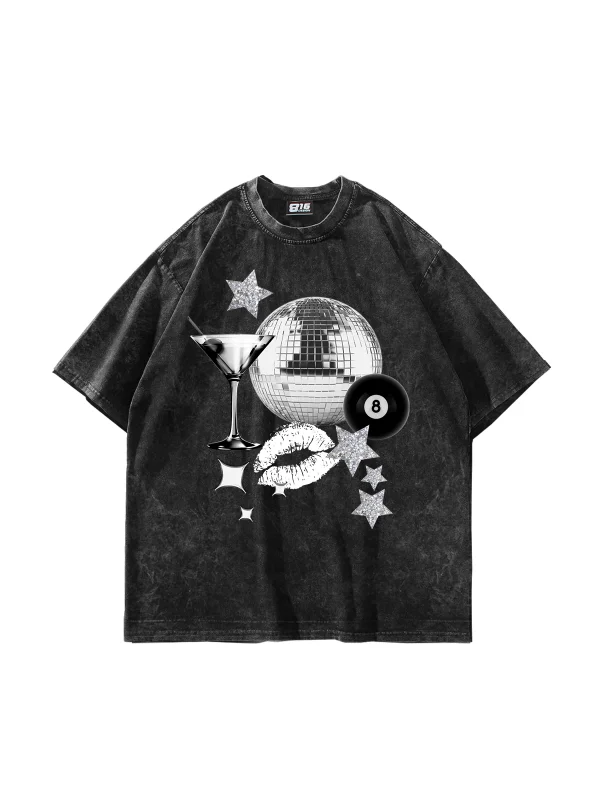 Martini Disco Baskılı Oversize Unisex Yıkamalı Siyah Tshirt