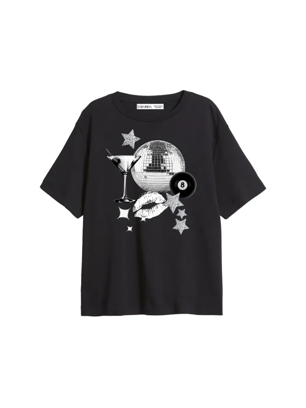 Martini Disco Baskılı Relaxed Fit Siyah Kadın Tshirt