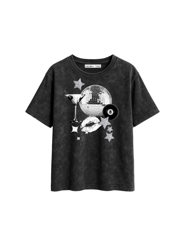 Martini Disco Baskılı Relaxed Fit Yıkamalı Siyah Kadın Tshirt
