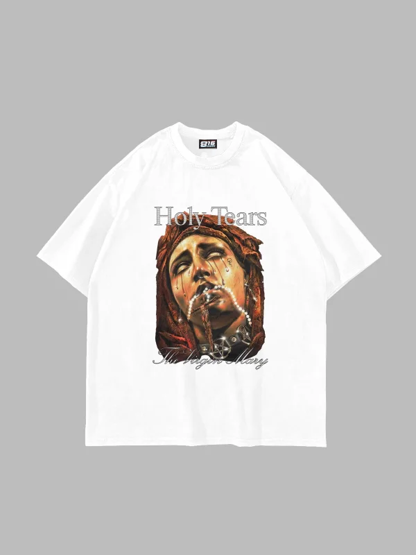 Marys Holy Tears Baskılı Oversize Unisex Beyaz Tshirt