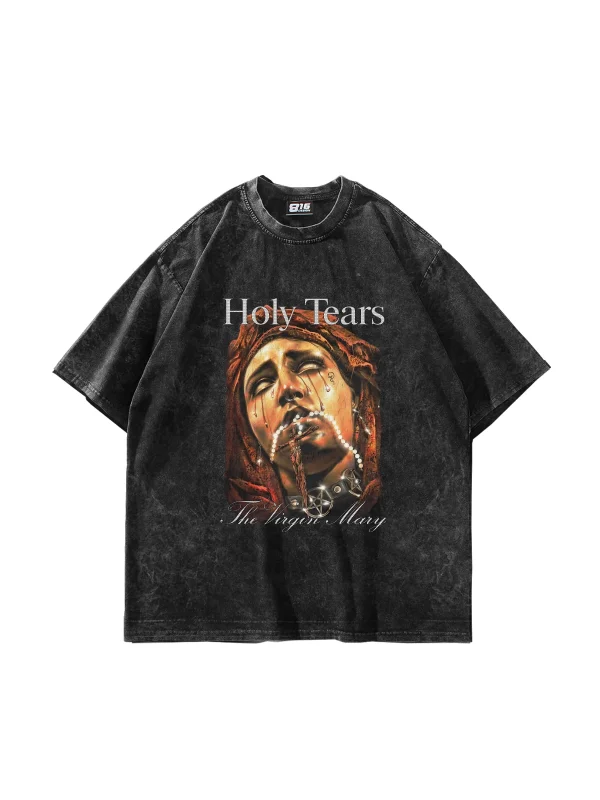 Marys Holy Tears Baskılı Oversize Unisex Yıkamalı Siyah Tshirt