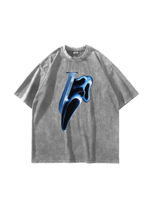 Mask Baskılı Yıkamalı Beyaz Unisex Oversize Tshirt