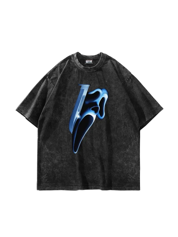 Mask Baskılı Yıkamalı Siyah Unisex Oversize Tshirt