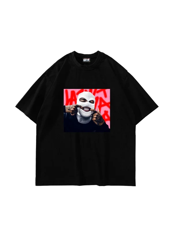 Masked Man Baskılı Oversize Unisex Siyah Tshirt