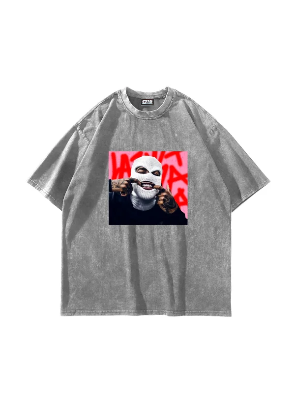 Masked Man Baskılı Oversize Unisex Yıkamalı Beyaz Tshirt