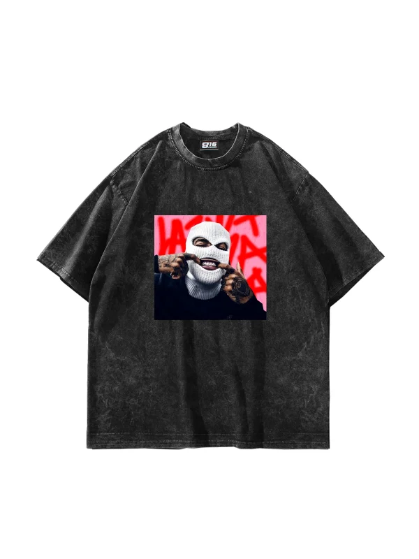 Masked Man Baskılı Oversize Unisex Yıkamalı Siyah Tshirt