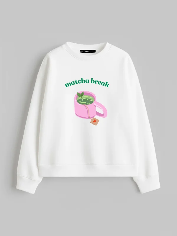 Matcha Break Baskılı Kapüşonsuz Relaxed Fit Kadın Beyaz Sweatshirt