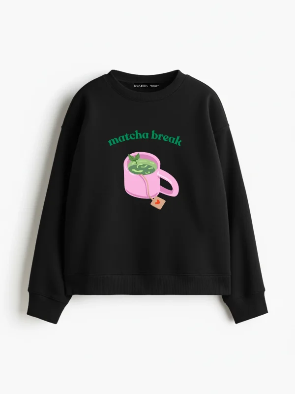 Matcha Break Baskılı Kapüşonsuz Relaxed Fit Kadın Siyah Sweatshirt