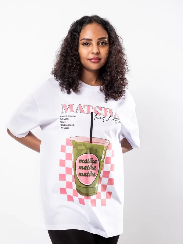 Matcha Iced Latte Baskılı Oversize Unisex Beyaz Tshirt