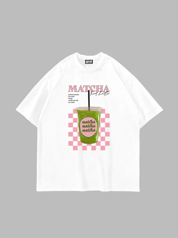 Matcha Iced Latte Baskılı Oversize Unisex Beyaz Tshirt