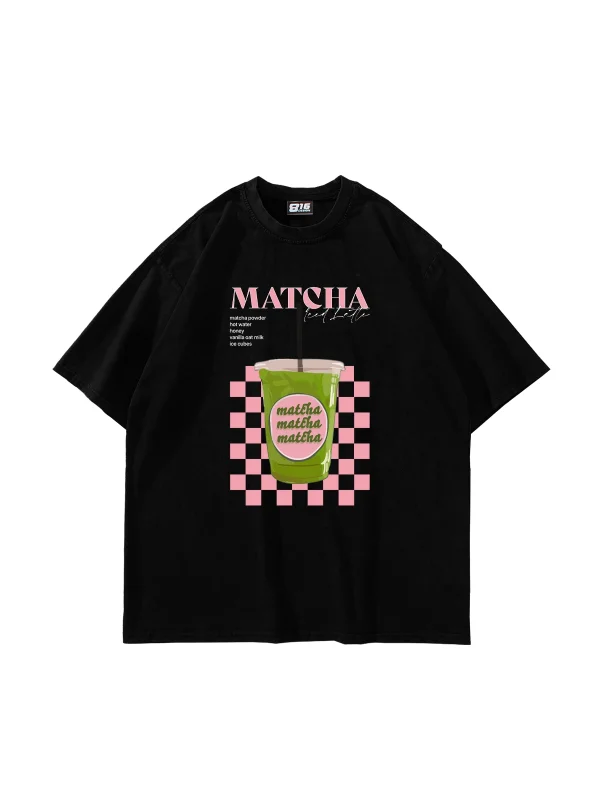 Matcha Iced Latte Baskılı Oversize Unisex Siyah Tshirt