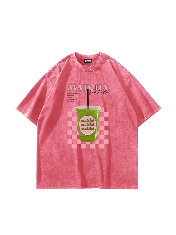 Matcha Iced Latte Baskılı Oversize Unisex Yıkamalı Pembe Tshirt