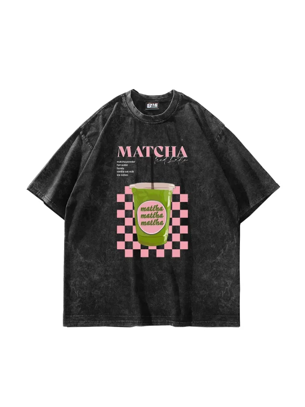 Matcha Iced Latte Baskılı Oversize Unisex Yıkamalı Siyah Tshirt