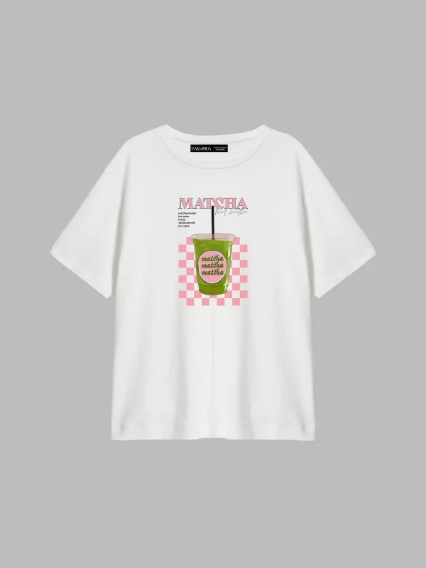 Matcha Iced Latte Baskılı Relaxed Fit Beyaz Kadın Tshirt